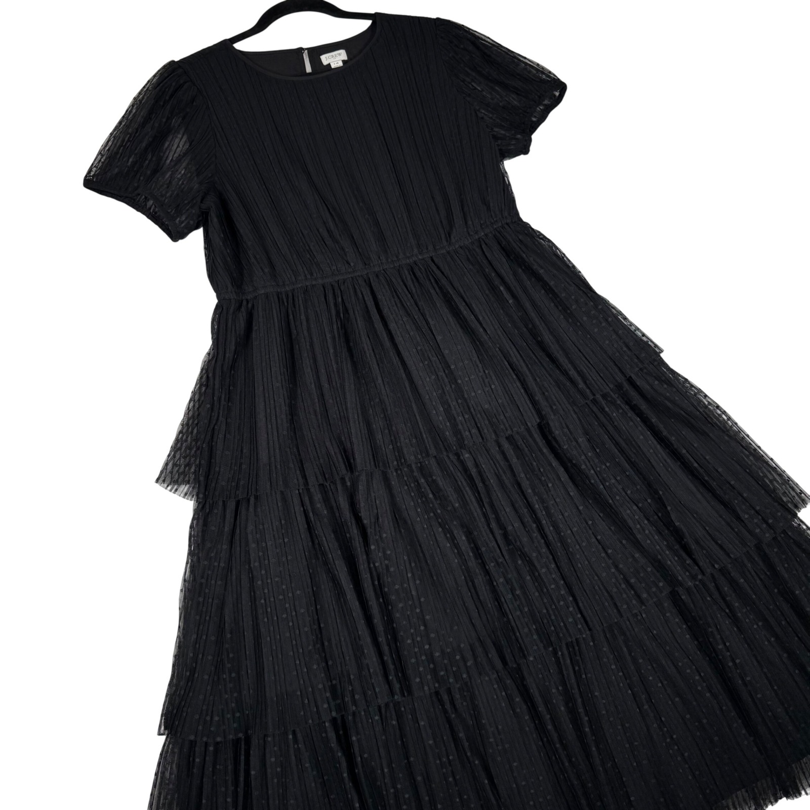 J.Crew Tiered Midi Dress Women 14 Black Point D'esprit Pleated Tulle Excellent